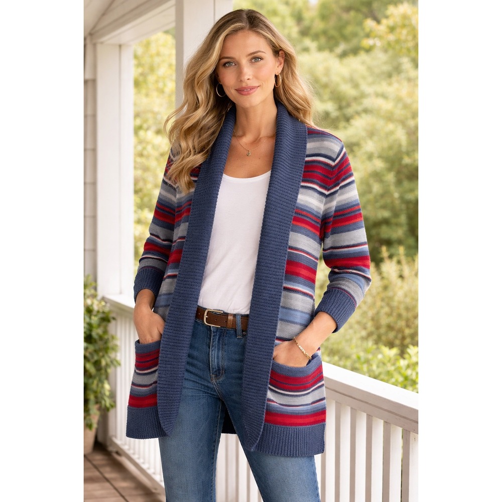 Lauren Ralph Lauren Jeans Co Striped Shawl Collar Cardigan Blue Red Grey 2X
